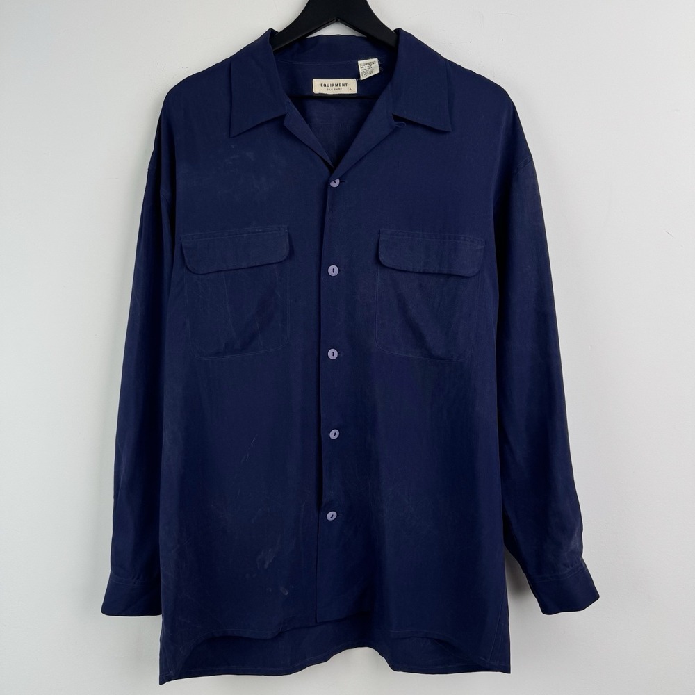 VTG Equipment Silk Shirt Mens L Navy Textured Camp Collar Vacation Long Sleeve